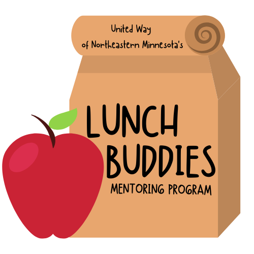 Lunch Buddies logo: brown lunch bag with red apple 