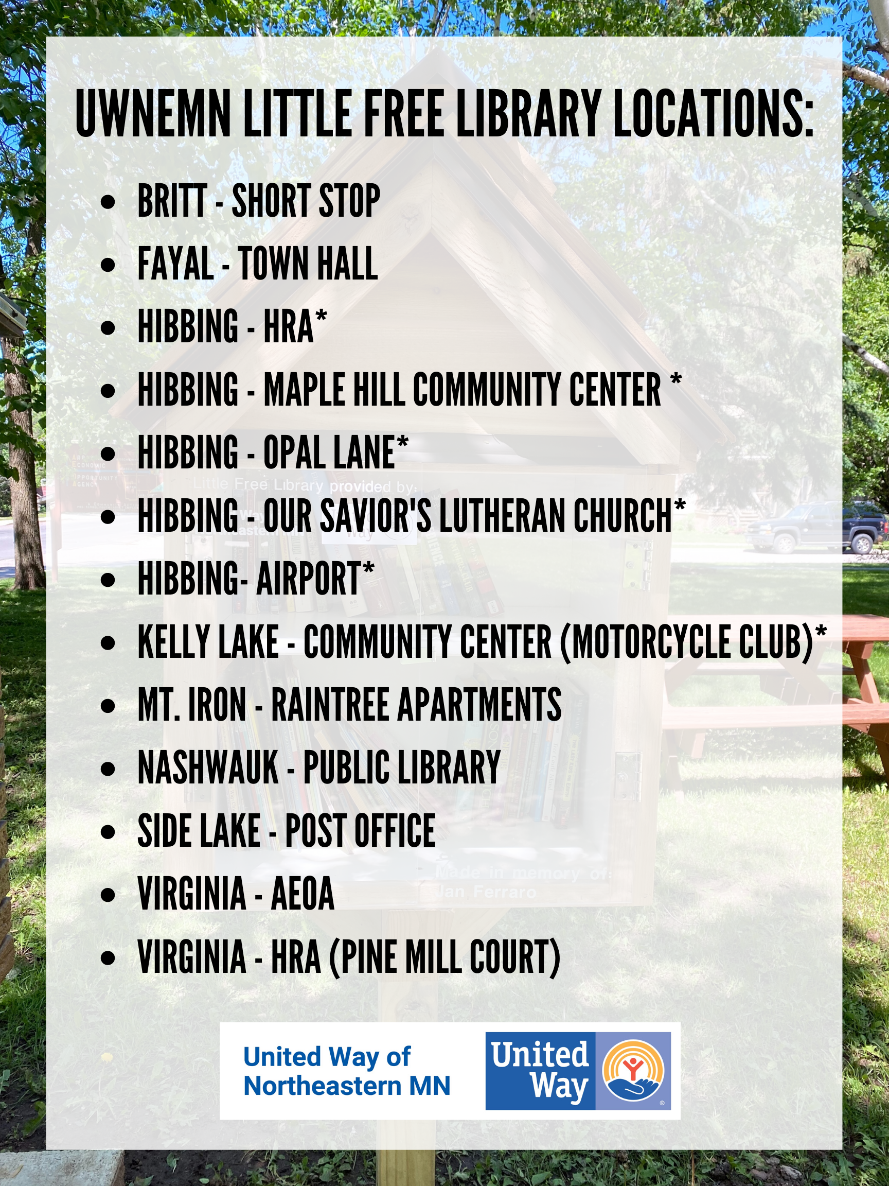 Virginia AEOA, Virginia Pine Mill Court, Mt. Iron Raintree, Nahswauk High School, Side Lake Post Office, Britt Short Stop, Fayal Town Hall, Hibbing HRA*, Maple Hill Community Center*, Kelly Lake Community Center*, Opal Lane*, Our Savior's Lutheran Church Hibbing*, and Hibbing Airport*