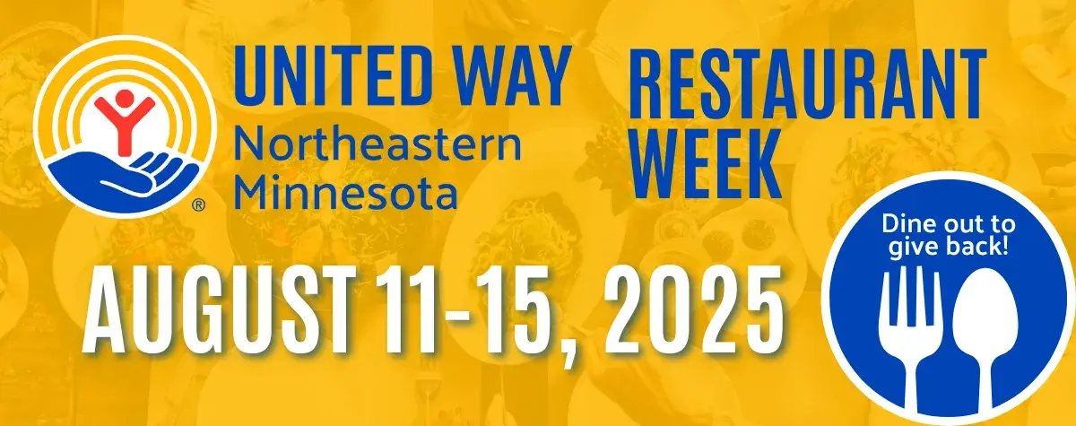 In background, people sharing a meal. In foreground: United Way of NE MN Restaurant Week August 11-15, 2025