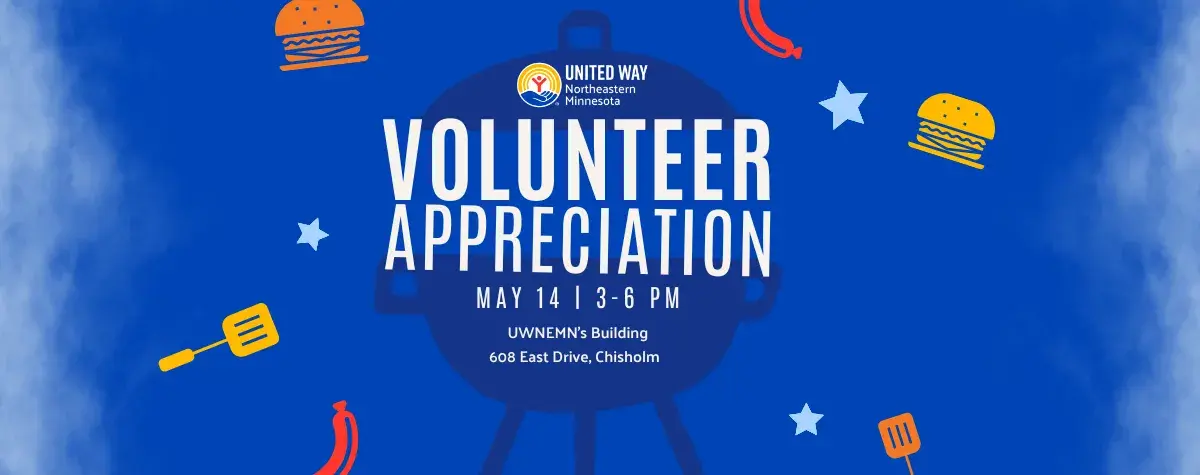 Blue Background with burgers and hotdogs. In center, a dark blue grill opens to the words VOLUNTEER APPRECIATION MAY 14TH