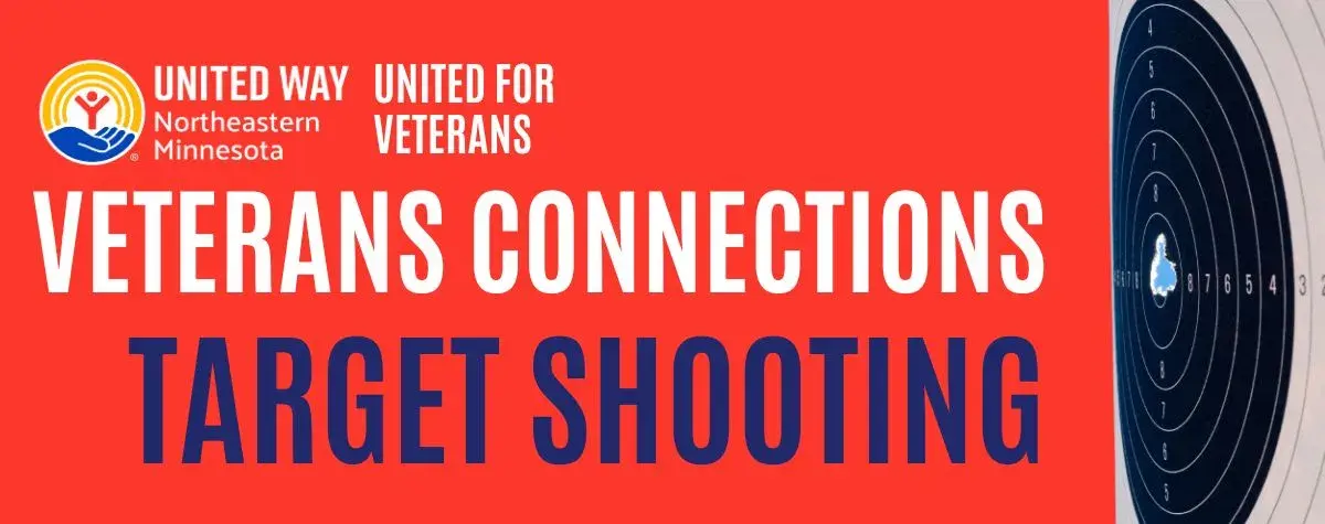 Red background with words Veterans Connections Target Shooting. On right of image, a shooting range target.