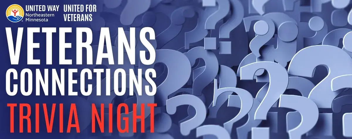 Blue question marks in background. In foreground: Veterans Connections Trivia Night