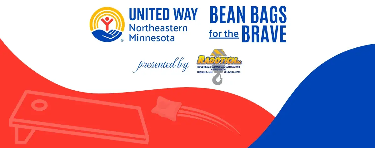 Red and blue shapes with bean bag board imagery. In center, on white, UWNEMN Bean Bags for the Brave, presented by Radotich