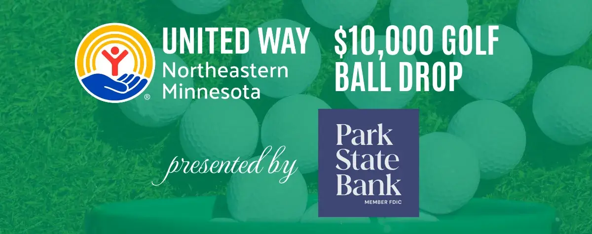 Golf balls on green background. In foreground: UWNEMN $10,000 Golf Ball Drop presented by Park State Bank