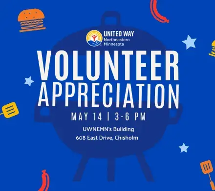 Blue Background with burgers and hotdogs. In center, a dark blue grill opens to the words VOLUNTEER APPRECIATION MAY 14TH