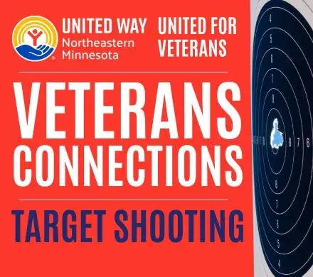 Red background with words Veterans Connections Target Shooting. On right of image, a shooting range target.