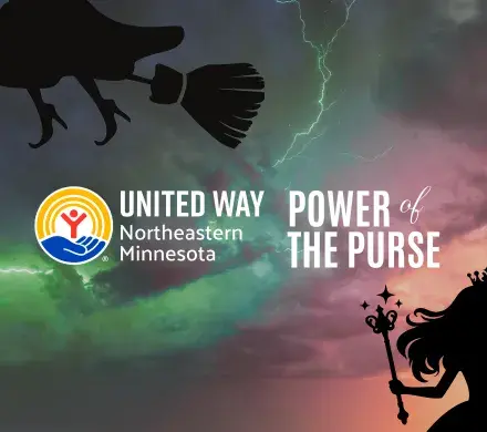 Green and pink sky with lightning bolt down the middle. Over the image are the words Power of the Purse.