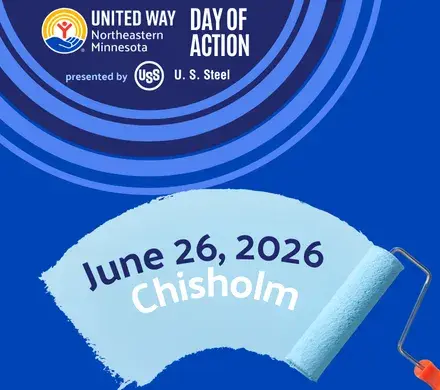 Blue Background. In dark blue circle text reads: UWNEMN Day of Action presented by U.S. Steel. In foreground, paint roller swipes with text: June 26, 2026, Chisholm