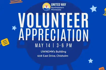 Blue Background with burgers and hotdogs. In center, a dark blue grill opens to the words VOLUNTEER APPRECIATION MAY 14TH