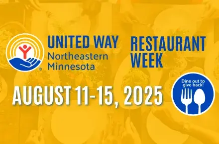 In background, people sharing a meal. In foreground: United Way of NE MN Restaurant Week August 11-15, 2025