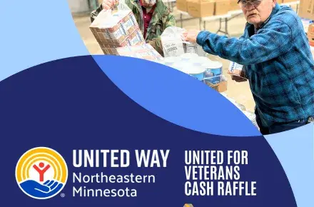 Photo of veterans packing food top right. At bottom left: United Way of NE MN United for Veterans Cash Raffle presented by Radotich