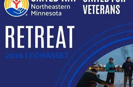 Blue background with white type: United for Veterans Retreat. In blue: 2026 | Cohasset. Bottom right, a photo of people building a fire at Sugar Lake Lodge.
