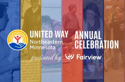 Colored images depict different decades: 60s woman looking at map of region, 70s miner, 80s lifesaver winner, 90s campaign meeting, 2000s Buddy Backpacks packing, current day Day of Action. In foreground, UWNEMN Annual Celebration, presented by Fairview