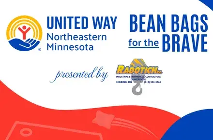 Red and blue shapes with bean bag board imagery. In center, on white, UWNEMN Bean Bags for the Brave, presented by Radotich