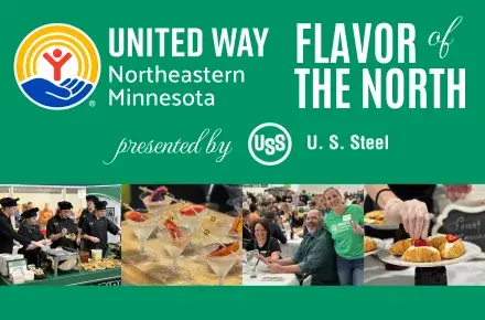 Green background with photos of food being prepared. At top: UWNEMN Flavor of the North presented by U. S. Steel