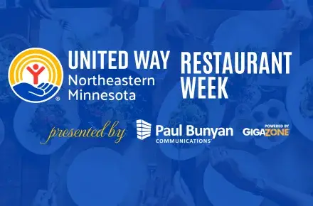 Plates of food on blue background. In foreground: UWNEMN Restaurant Week, presented by Paul Bunyan Communications