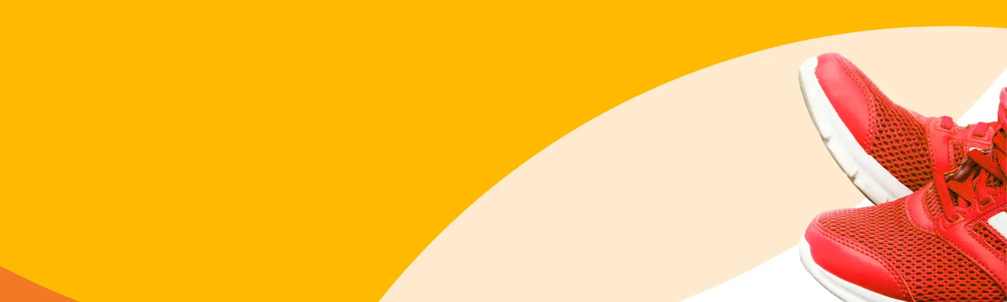 overlapping yellow and orange circles in background; in foreground, red athletic shoes