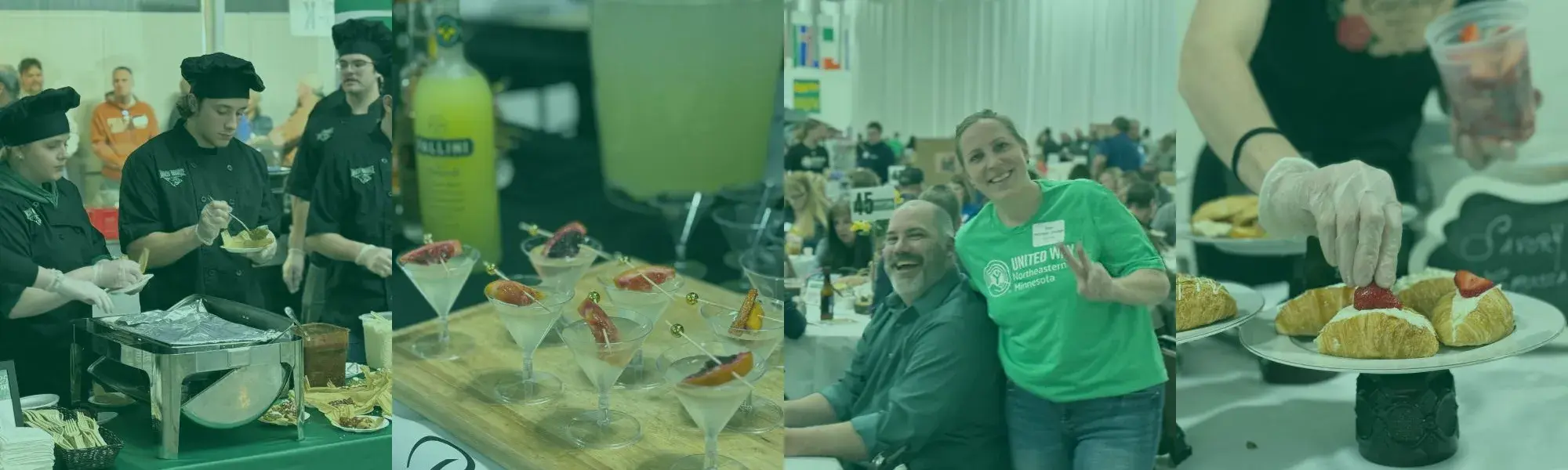 Photos of food, Flavor of the North guests, chefs cooking with green background