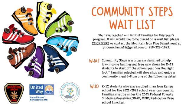 Graphic or red, orange, yellow, green light blue, blue, purple, and brown sneakers in a circle; underneath are the Mt. Iron Fire Department logo, United Way of NE MN logo, and Family Services Collaborative logo. Text reads: We have reached our limit of families for this year's program. If you would like to be placed on a wait list, please visit https://www.unitedwaynemn.org/form/community-steps or contact the Mountain Iron Fire Department at phoenix.laura18@gmail.com or 218-929-1625.