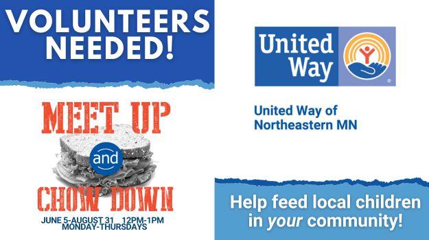 Meet Up and Chow Down logo, UWNEMN logo, Volunteers Needed, Help feed local children in your community