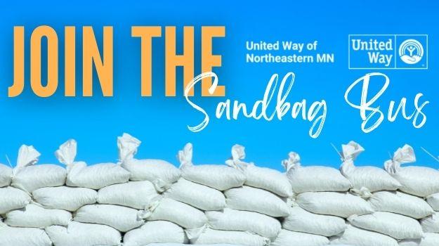 Bright blue background with white sandbags in forefront, "Join the UWNEMN Sandbag Bus" in big letters