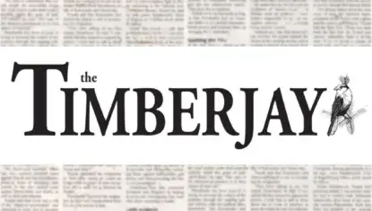 newspaper page in background; the Timberjay logo in foreground
