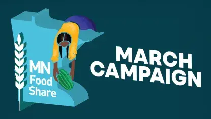 MN Food Share March Campaign Logo (blue state of Minnesota with white blade of wheat and MN Food Share in white on top), a woman in a yellow shirt and purple paints leans over logo holding watermelon; to right of logo in big letters it reads MARCH CAMPAIGN