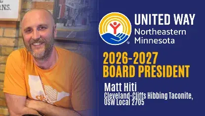 UWNEMN Board President Matt Hiti smiles in orange shirt. To right, over dark blue: UWNEMN logo and text that reads 2026-2027 Board President Matt Hiti Cleveland-Cliffs Hibbing Taconite, USW Local 2705
